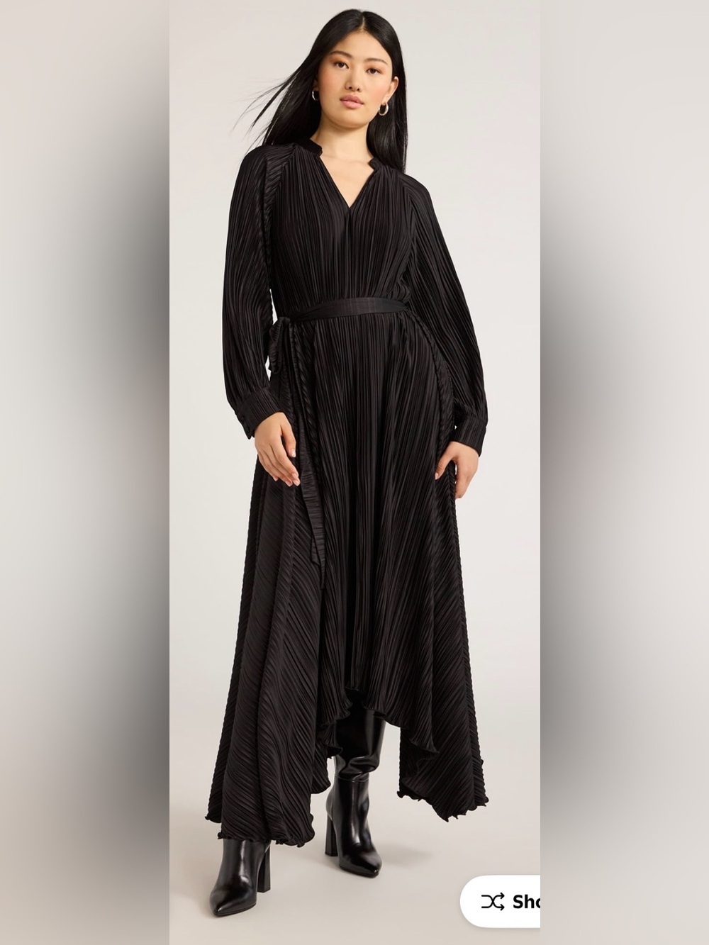 Black Pleated Long-Sleeve Midi/Maxi Dress with Waist Tie